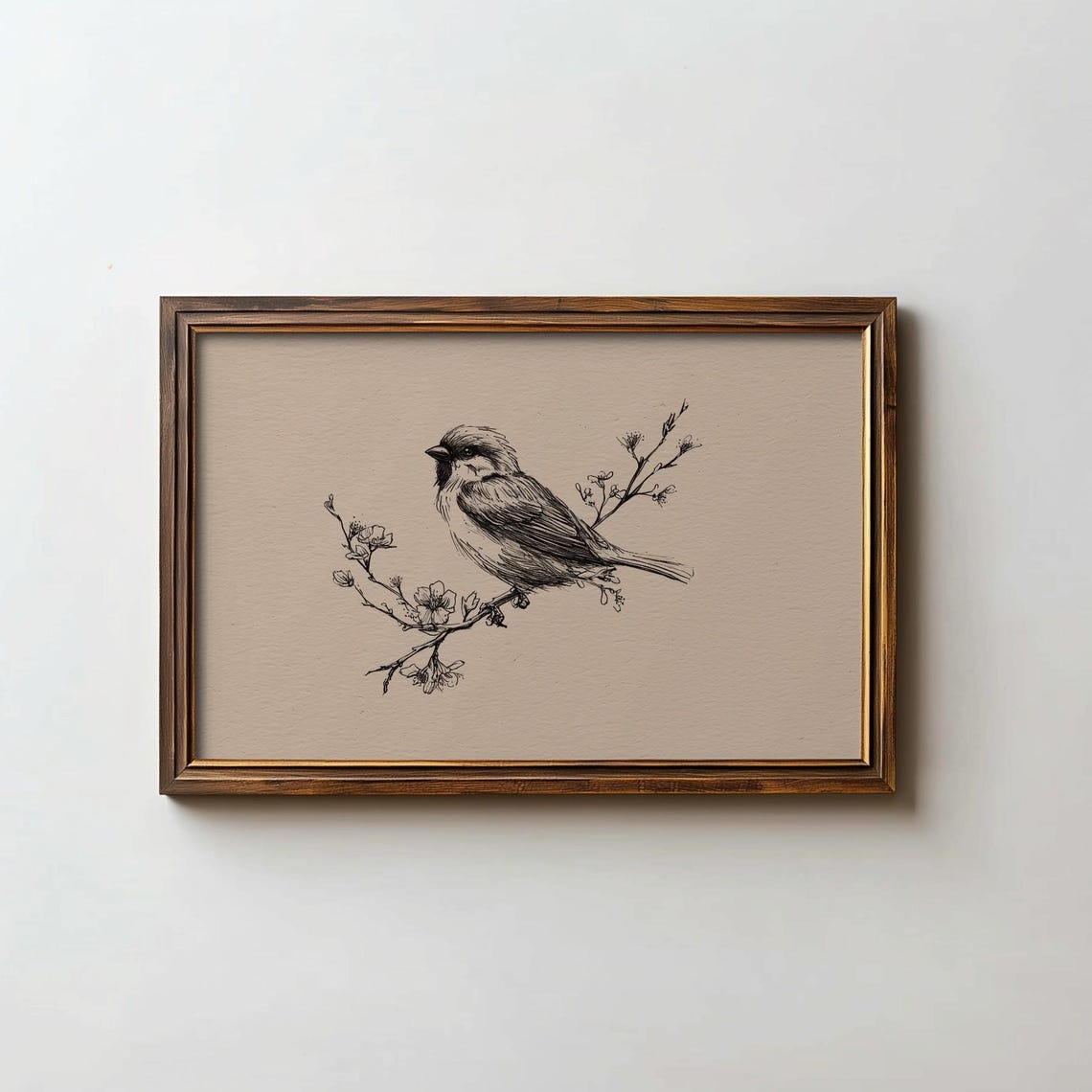 Songbird Branch Ink Sketch Vintage Botanical Neutral Art Poster