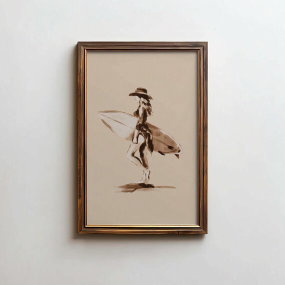 Surfer Cowgirl Minimalist Print Sepia Ink Sketch Beach Western Art