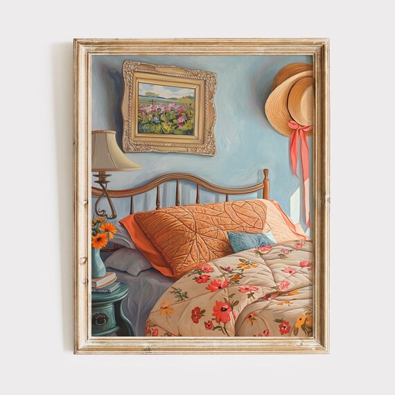 Coastal Floral Bedroom Wall Art Cozy Cottage Quilted Bed Vintage Lamp