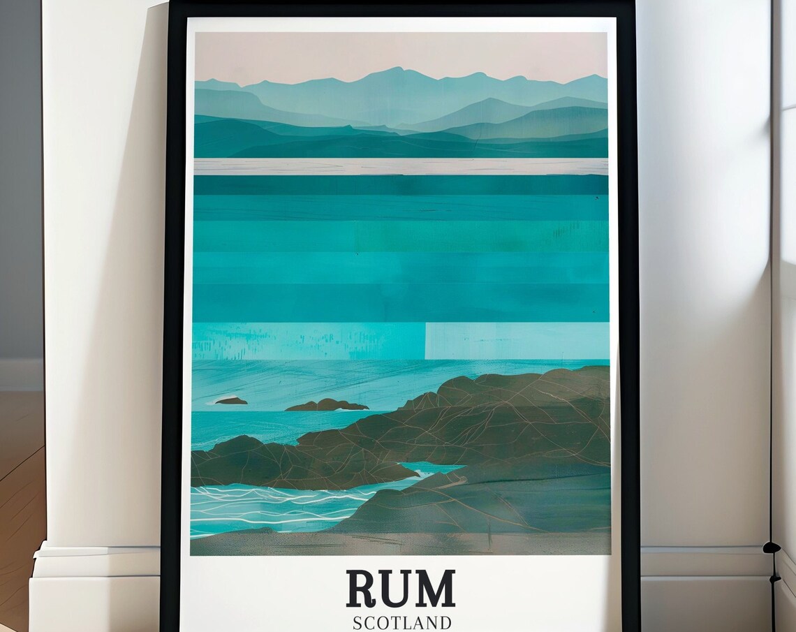 Isle of Rum Askival Mountain Teal Coast Scotland Travel Poster