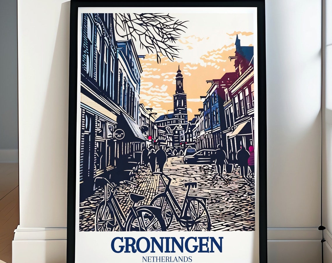 Groningen Cobblestone Street Bikes Linocut Style Netherlands Poster