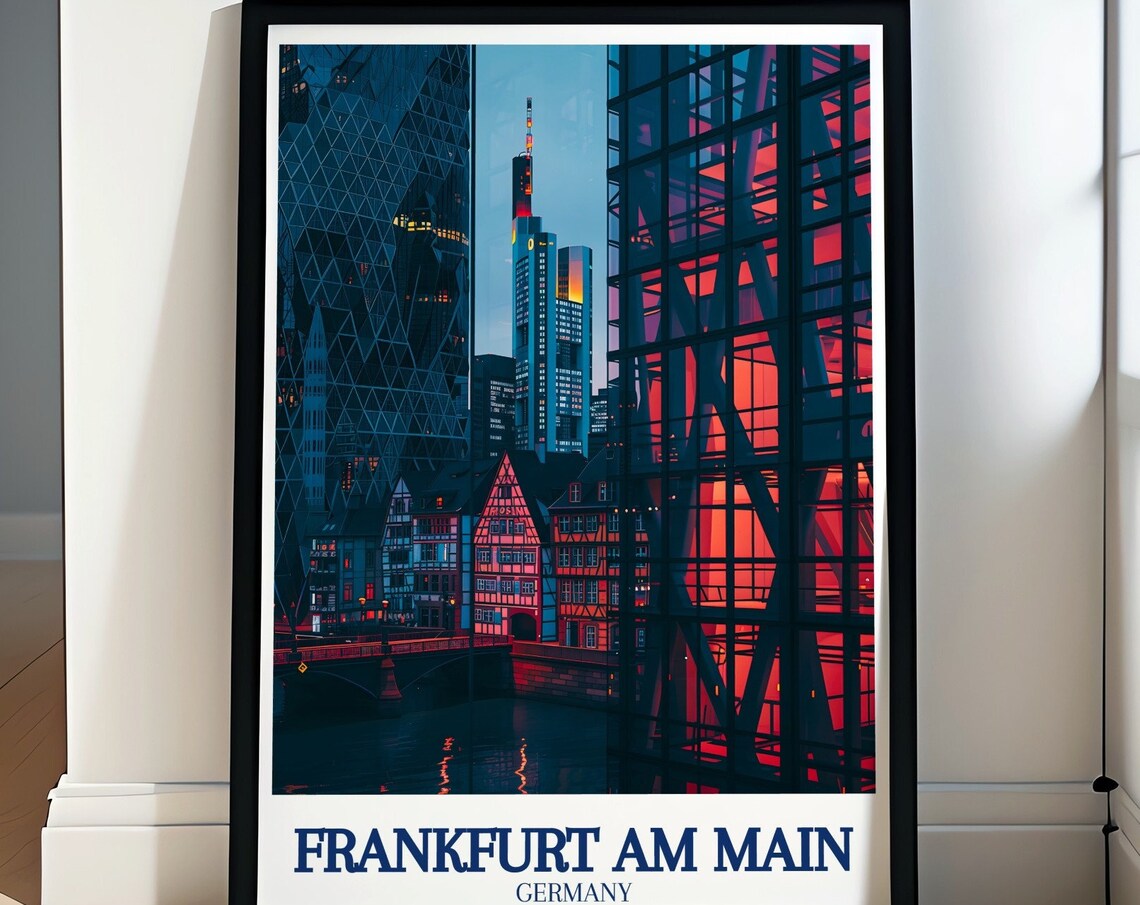 Frankfurt Am Main Neon Night City Skyline Vintage Travel Poster