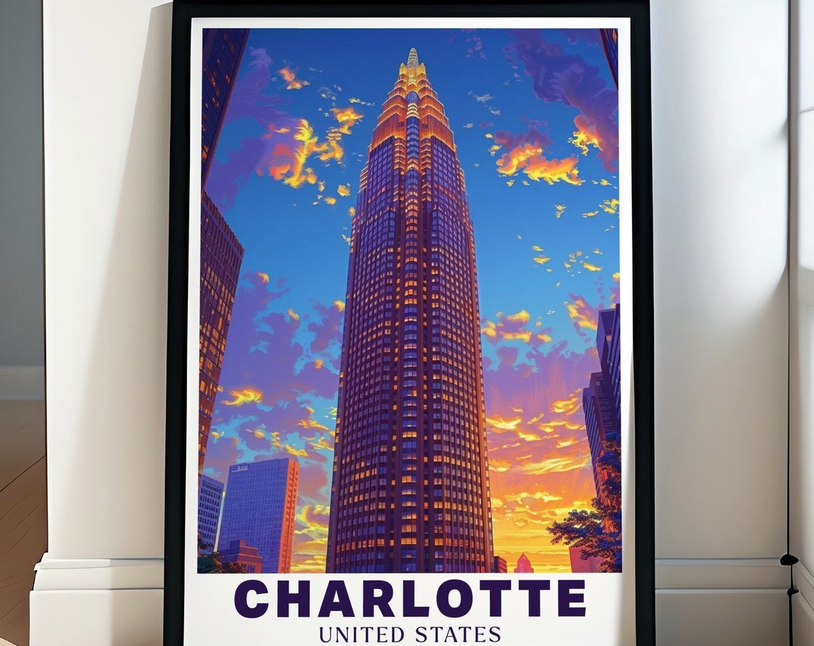 Charlotte Travel Print Bank Of America Corporate Center Art Iconic North Carolina Skyline Bank Of America Corporate Center Poster