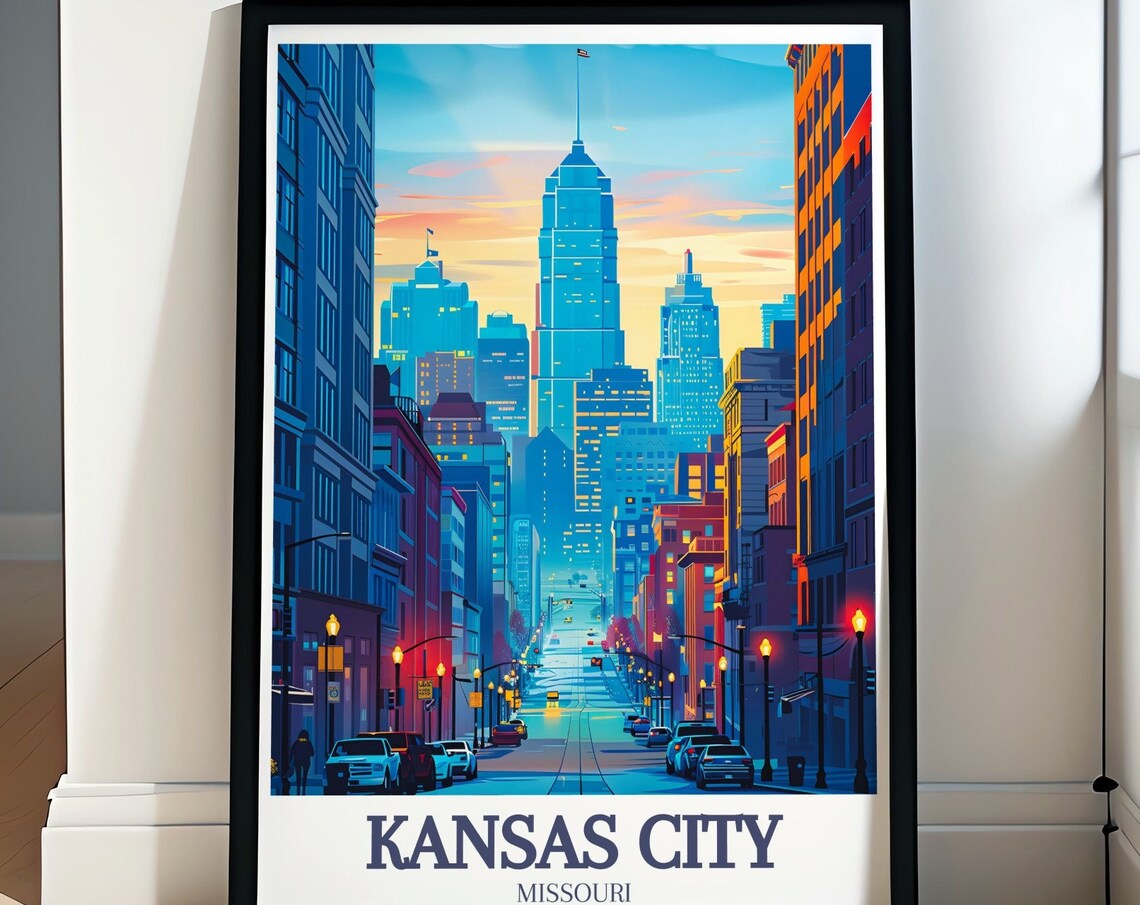 Kansas City Missouri Dusk Street View With Glowing Skyscrapers Poster