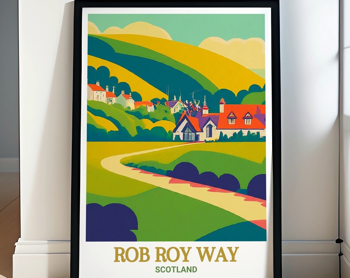 Rob Roy Way Scotland Red Roof Village Winding Road Colorful Poster
