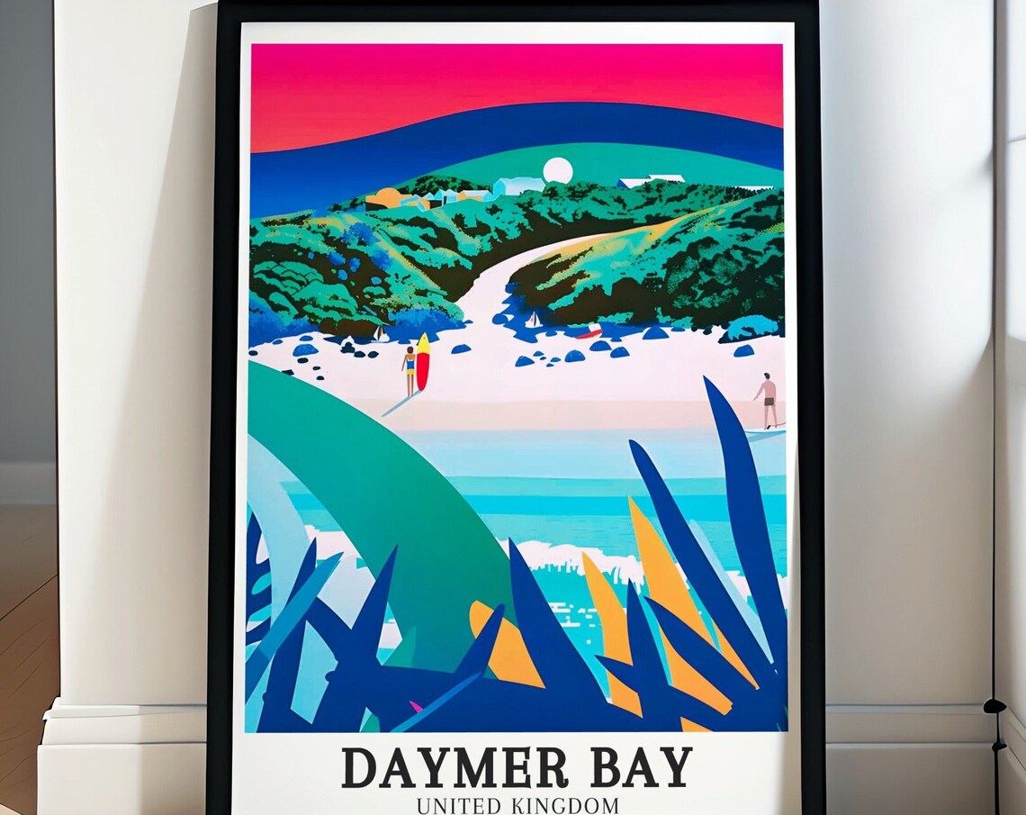 Daymer Bay Surfer Cove Pink Sky Cornwall Beach Travel Poster