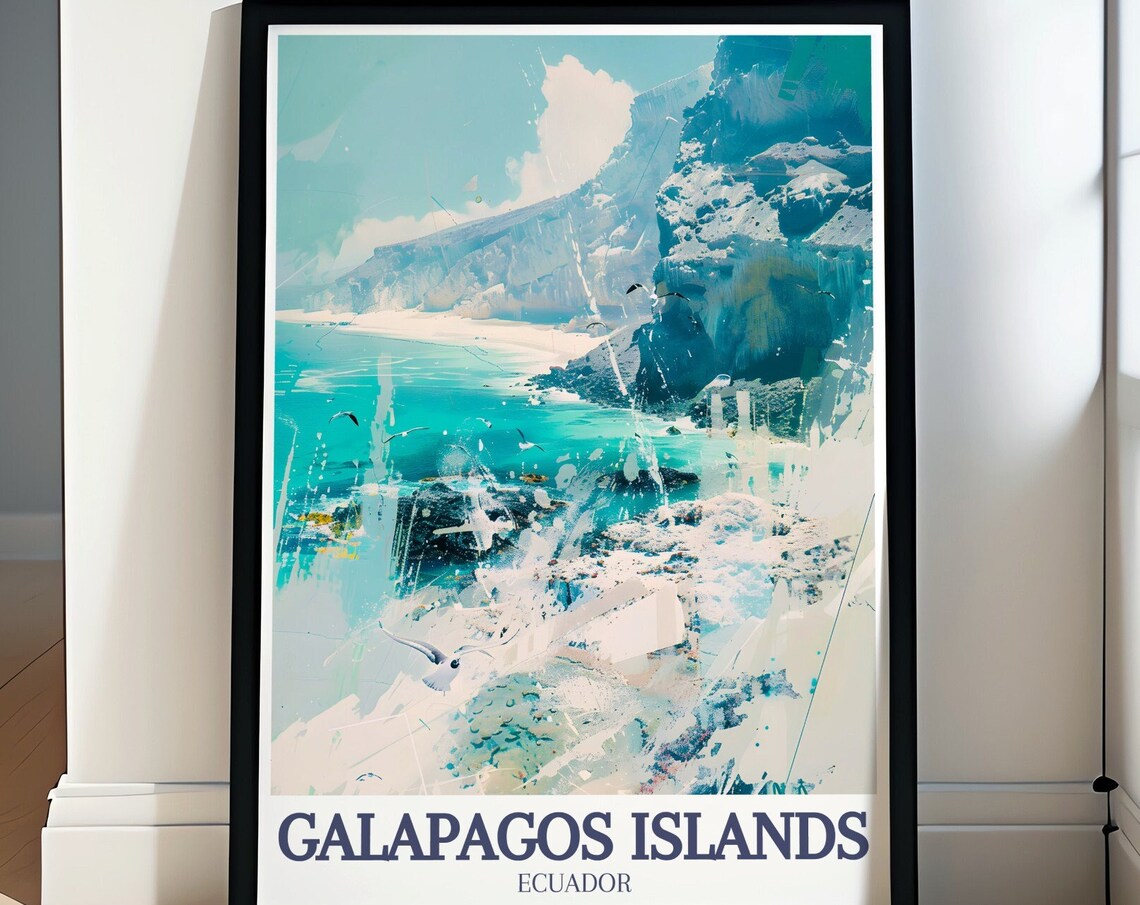 Galapagos Tortuga Bay Rocky Coast Seabirds Ecuador Travel Poster