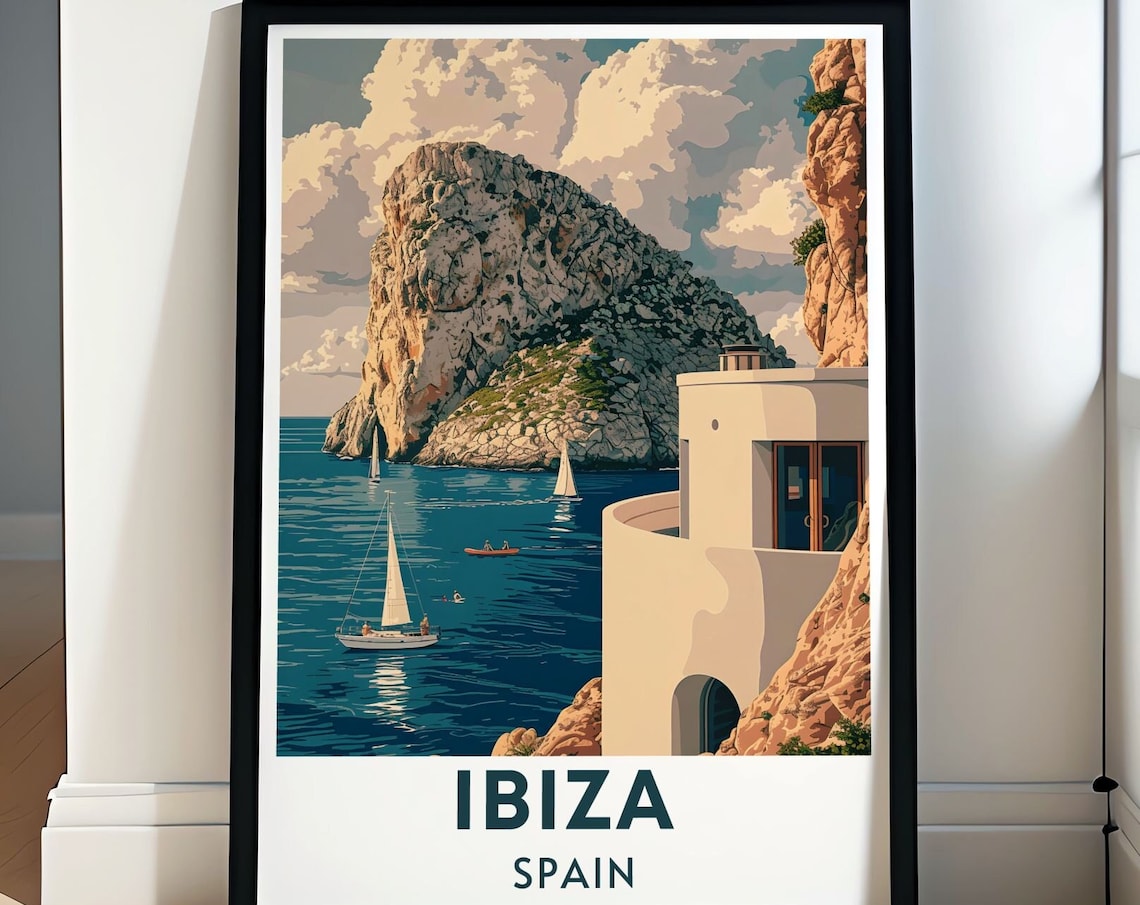 Ibiza Spain Es Vedra Rock Islet Sailboats Sea View Travel Poster