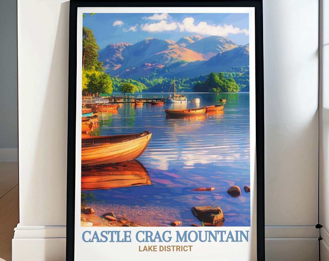 Castle Crag Mountain Derwentwater Lakeside Boats at Sunset Poster