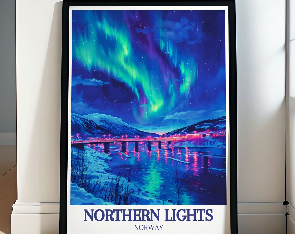 Northern Lights Tromso Norway Bridge Aurora Night Sky Travel Poster