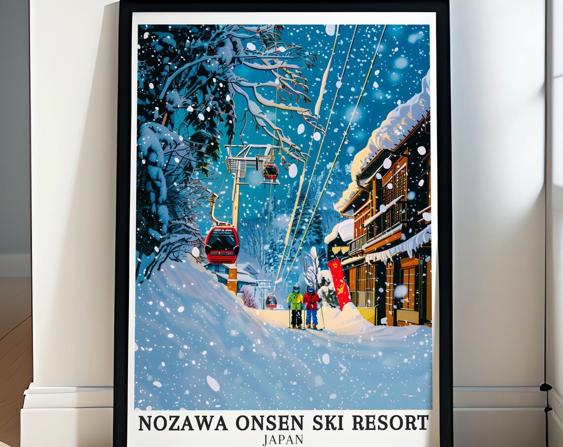 Nozawa Onsen Japan Ski Resort Snowy Gondola Village Travel Poster