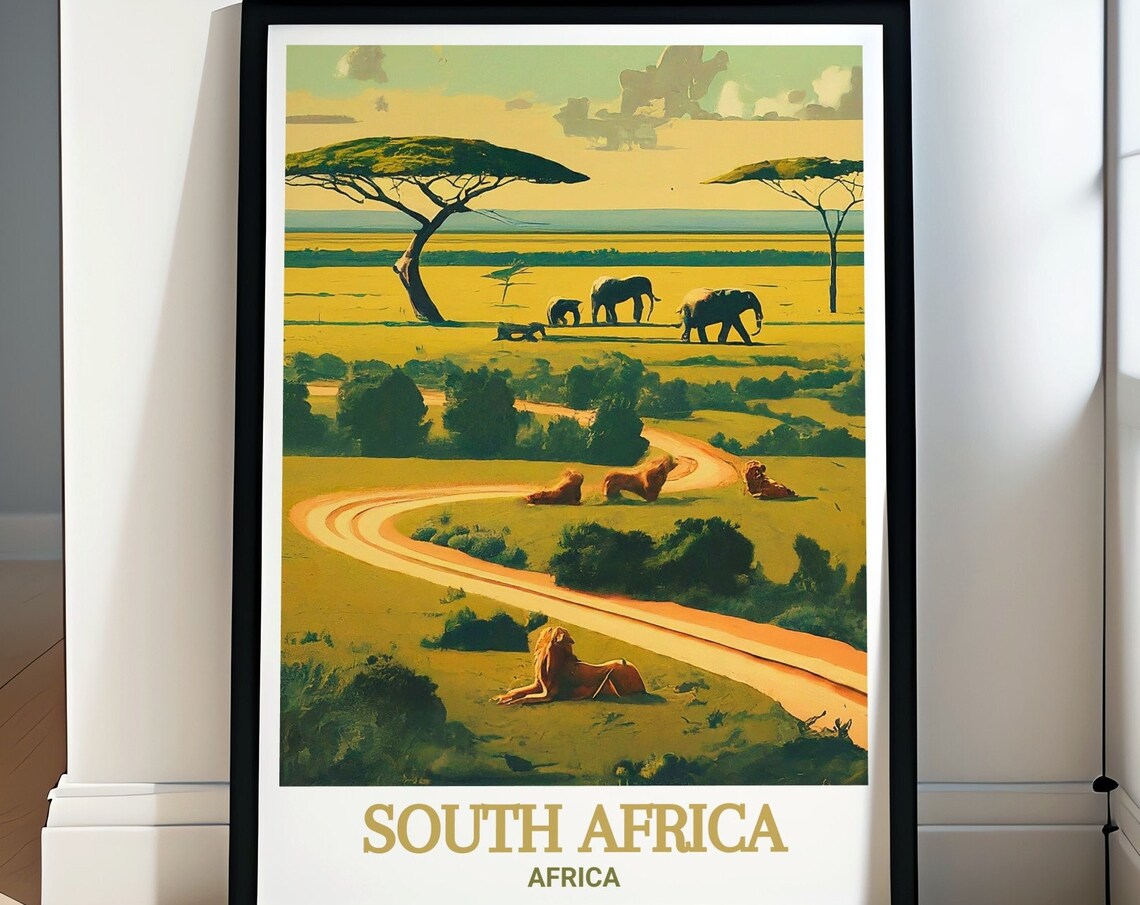 South Africa Safari Savanna with Elephants and Lions Travel Poster