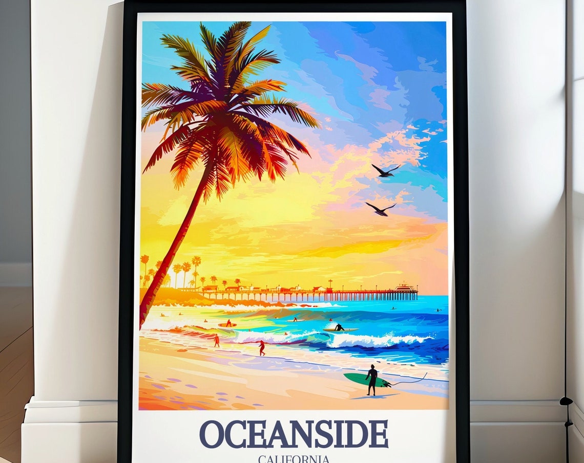 Oceanside Beach Surfers Pier Sunset Palm Tree California Poster