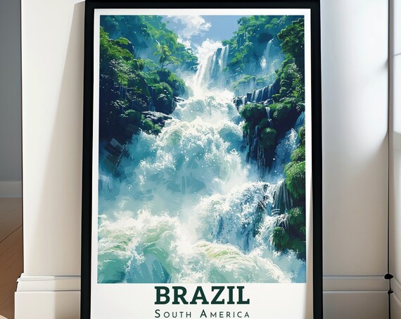 Brazil Iguazu Falls Poster Thundering Waterfall Jungle Travel Art