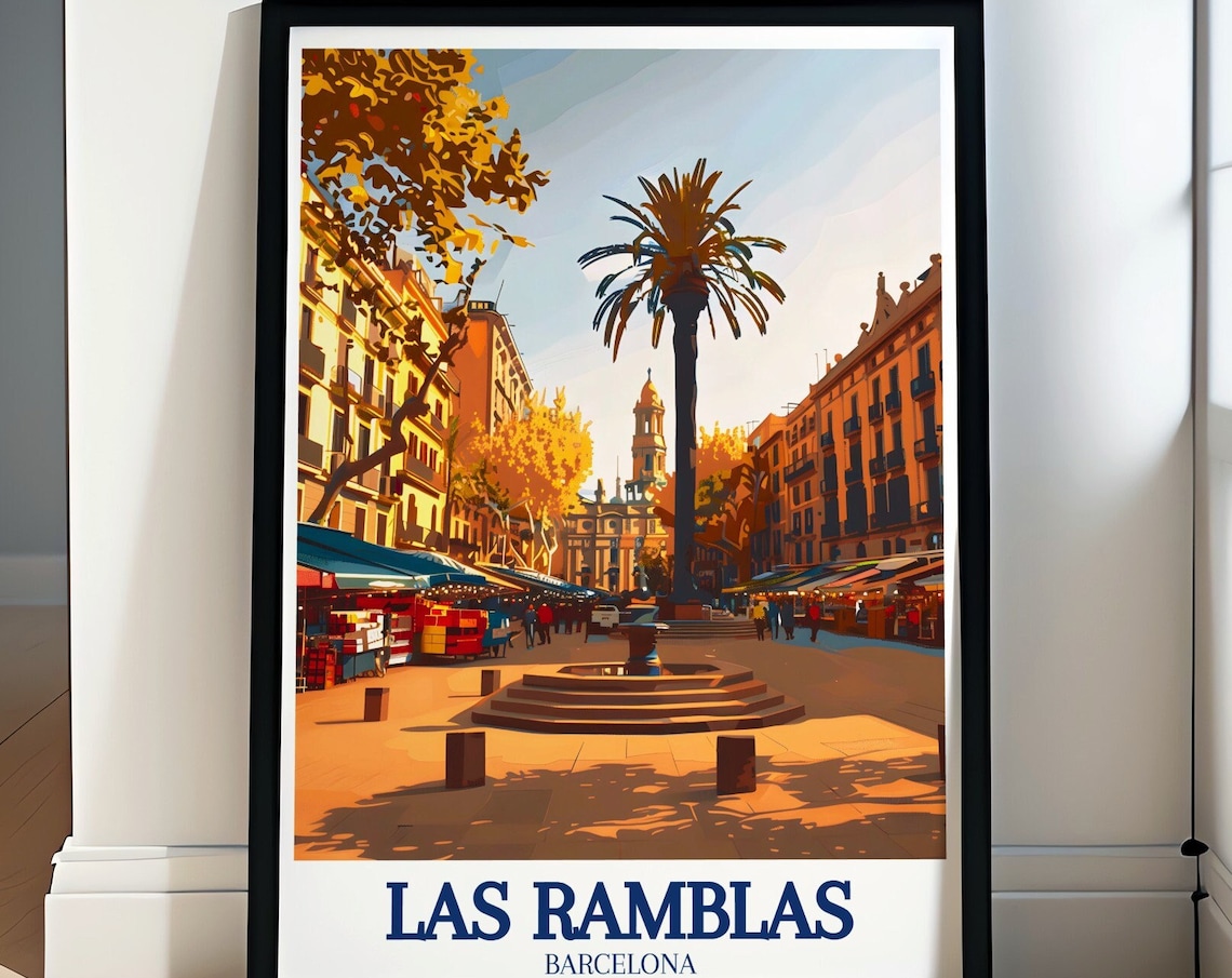 Las Ramblas Barcelona Sunlit Plaza Fountain Market Retro Poster