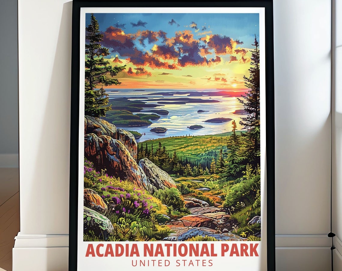 Acadia National Park Travel Print Cadillac Mountain Art National Park Poster Vintage Usa Travel Art Maine Wall Decor