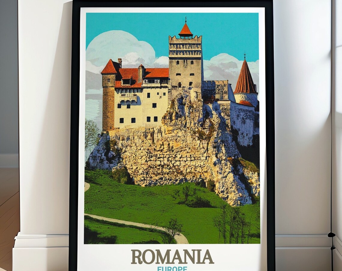 Romania Europe Bran Castle Dracula Cliffside Fortress Travel Poster