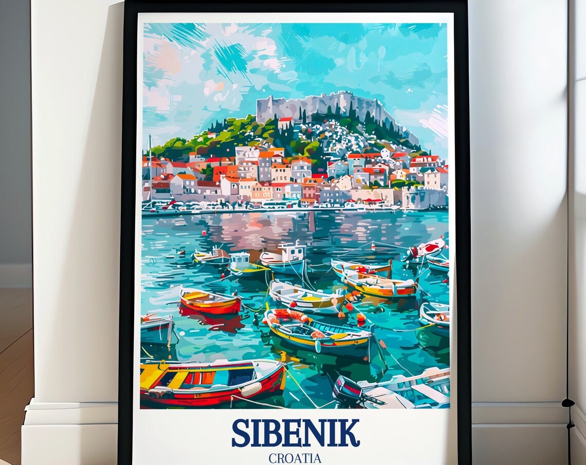 Sibenik Croatia Harbor Boats and Fortress Hill Travel Poster