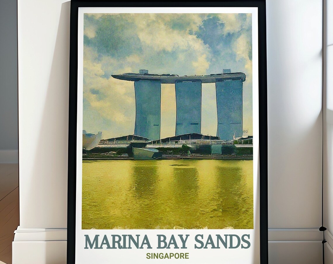 Marina Bay Sands Singapore Golden Sky Watercolor Travel Poster