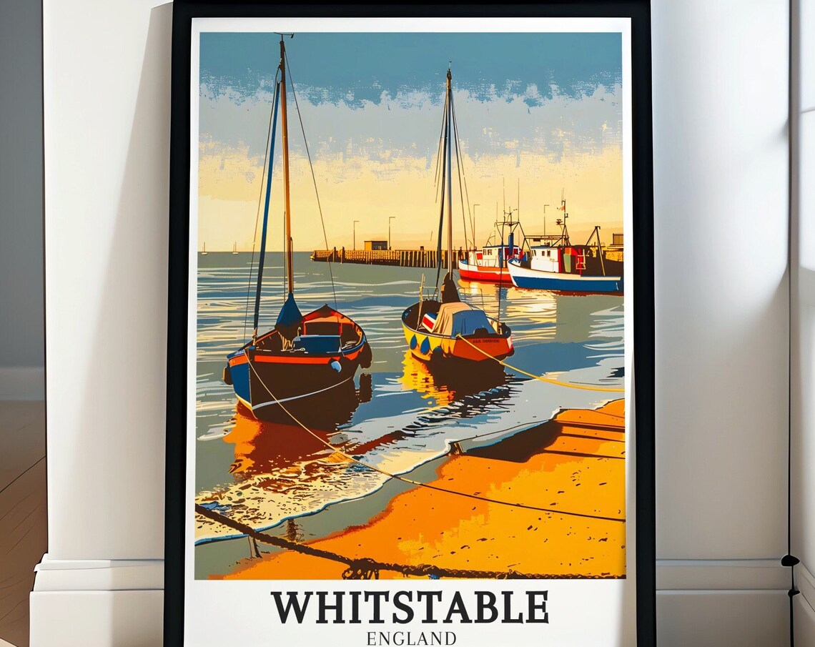 Whitstable England Fishing Boats Golden Sunset Travel Poster