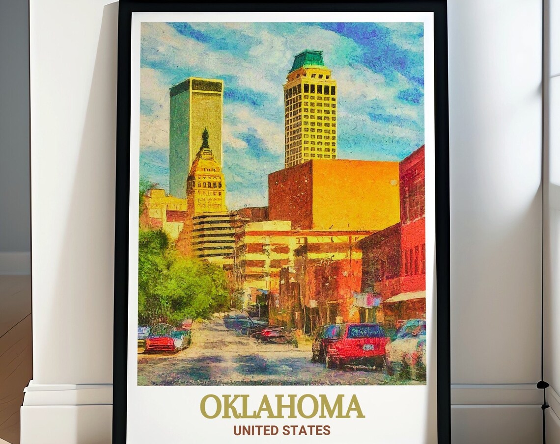 Golden Hour Downtown Skyline Streetscape Oklahoma City Travel Poster