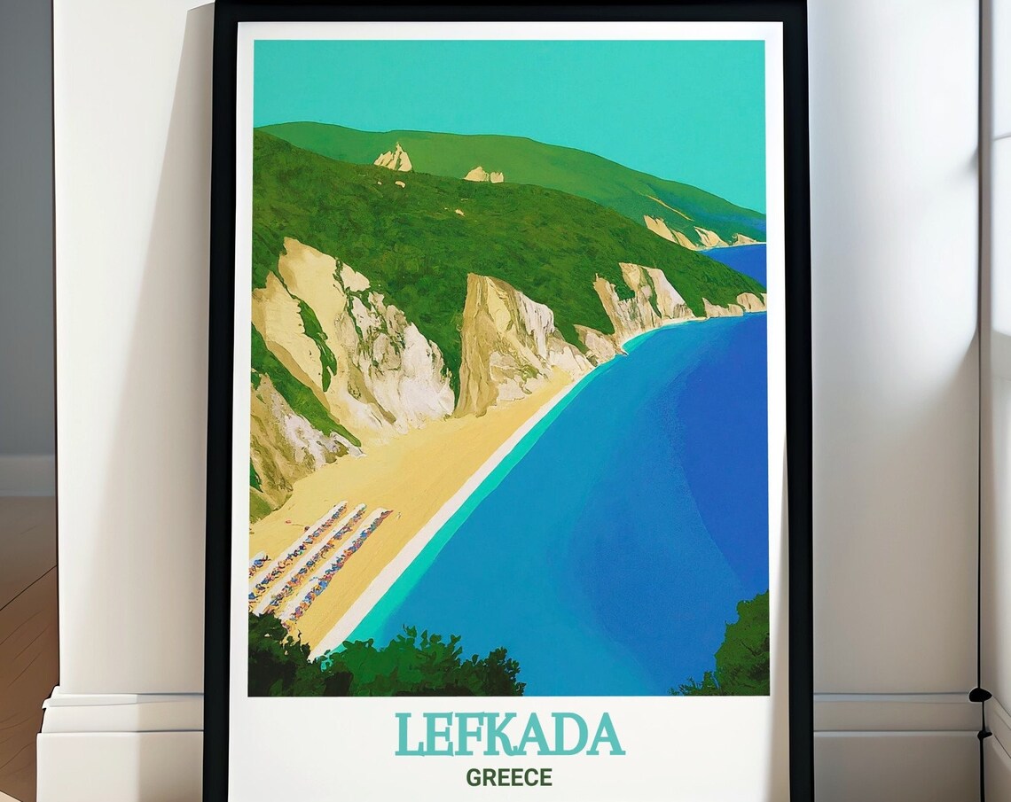 Lefkada Egremni Beach White Cliffs Aerial Greece Travel Poster
