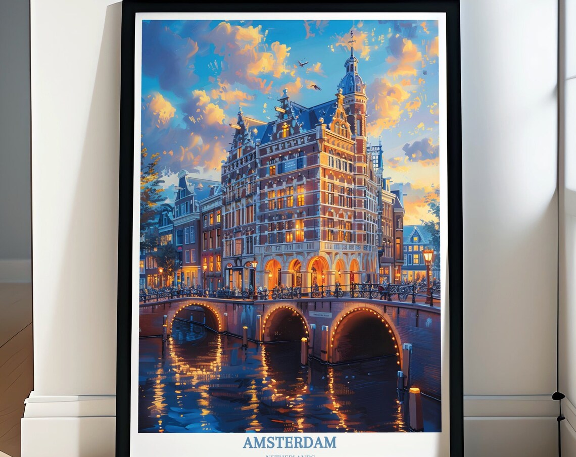 Amsterdam Canal House at Dusk with Lit Bridge Night Travel Poster