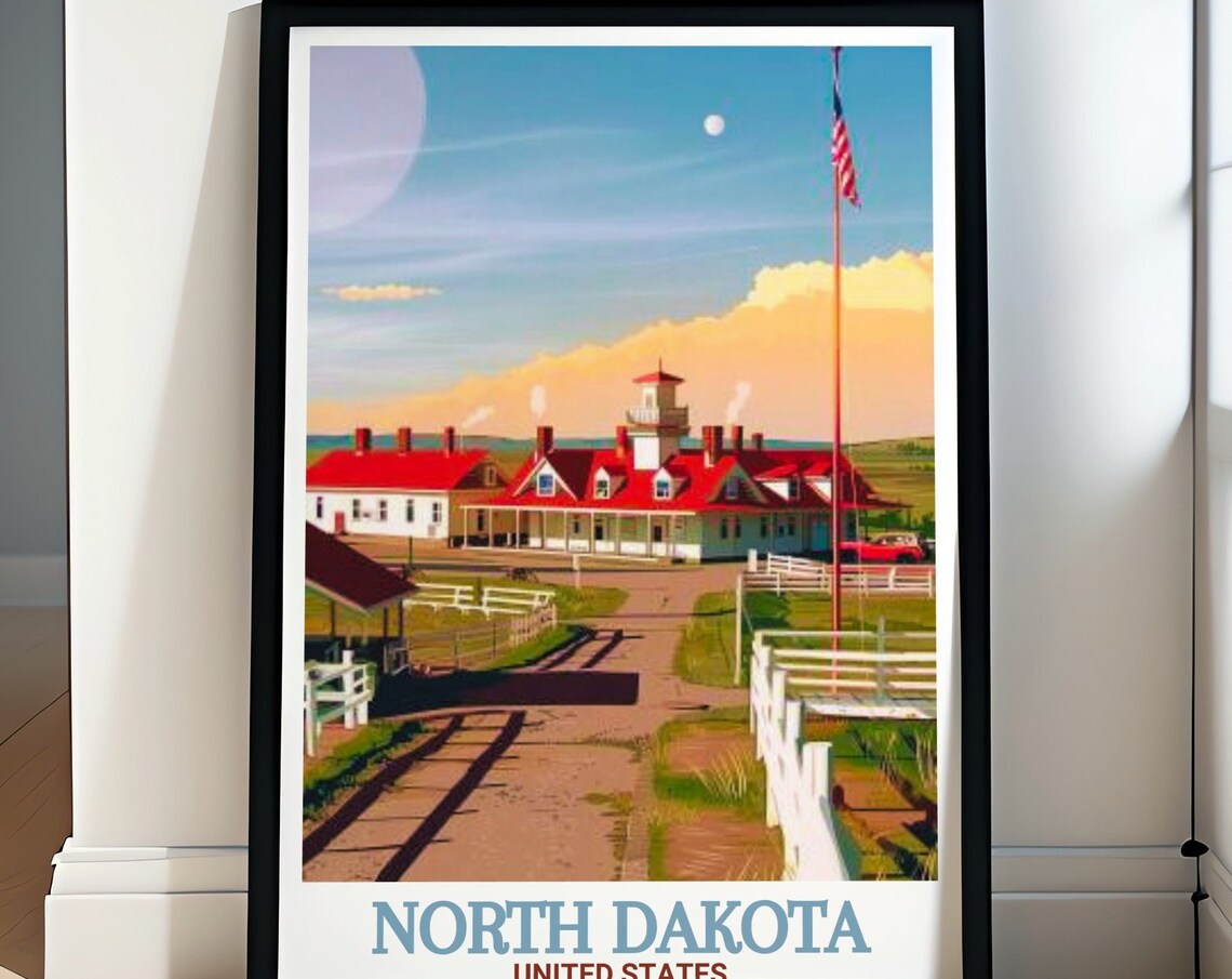 North Dakota Historic Fort Red Roofed Trading Post Prairie Poster