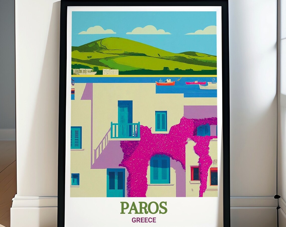 Paros Greece Bougainvillea House Blue Shutters Harbor Poster