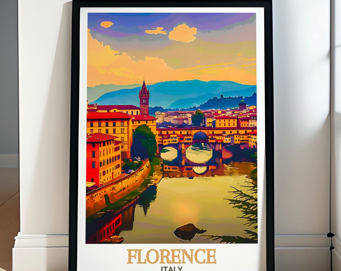 Florence Ponte Vecchio Sunset Over Arno River Golden Hour Poster