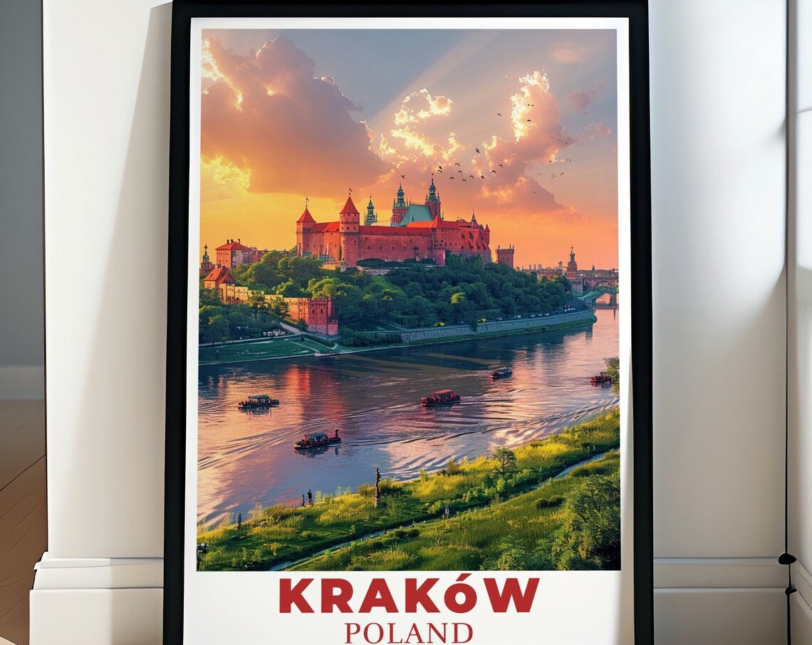 Krakow Poland Wawel Castle Vistula River Sunset Travel Poster
