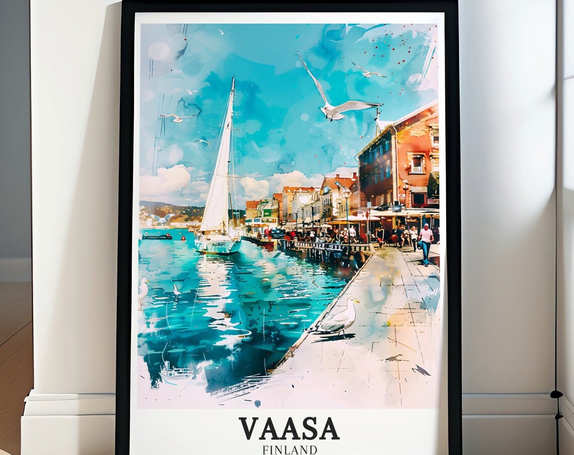 Vaasa Finland Watercolor Harbor Sailboat Seagulls Waterfront Poster