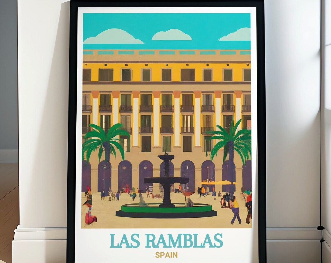 Las Ramblas Placa Reial Fountain Barcelona Spain Travel Poster
