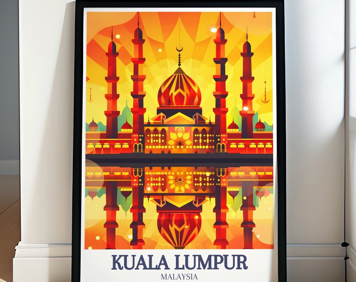 Shah Alam Grand Mosque Glowing Sunset Domes Malaysia Travel Poster