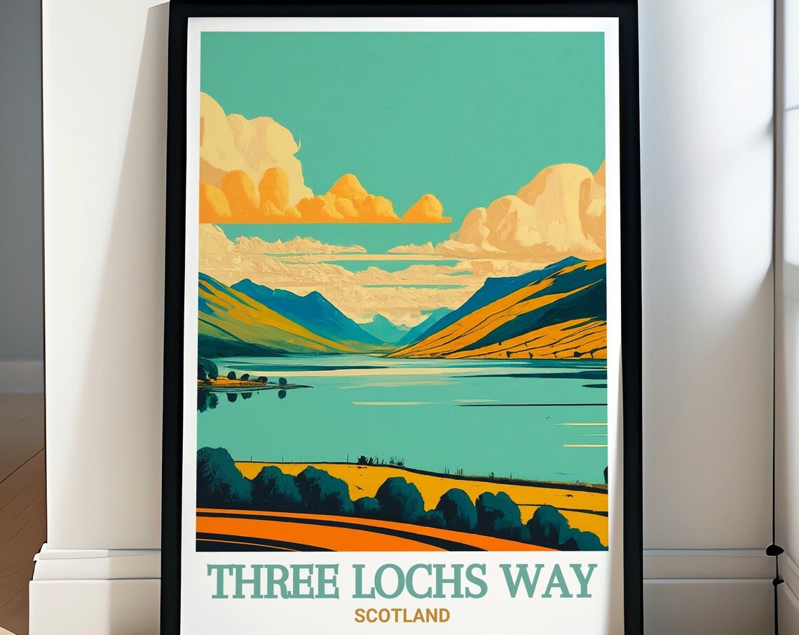 Three Lochs Way Scotland Loch Golden Hills Graphic Road Poster