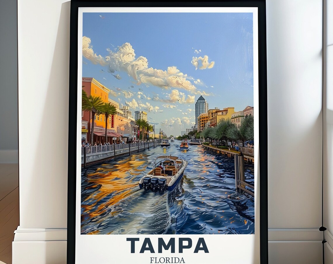 Tampa Riverwalk Sunset Boat Downtown Florida Illustrated Poster
