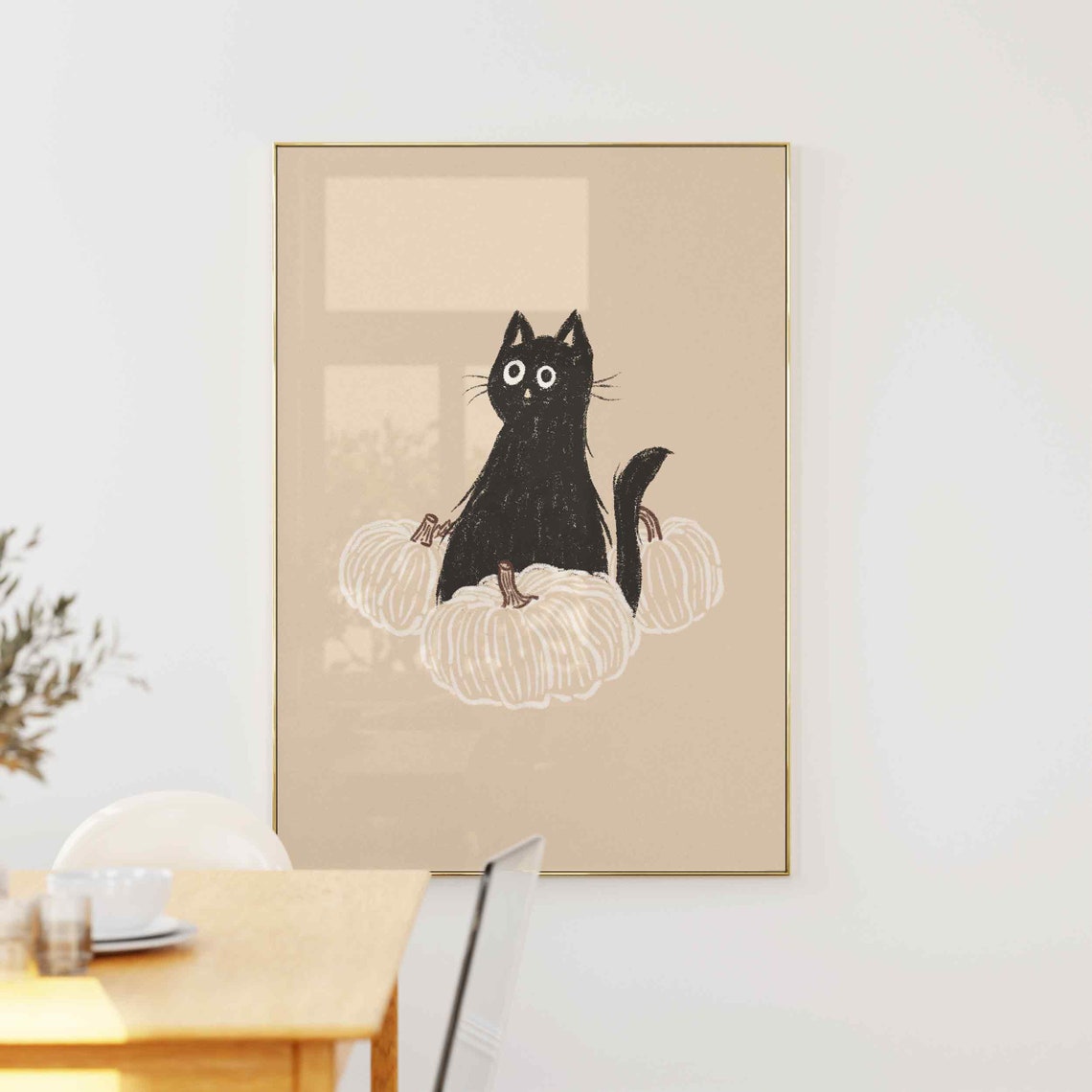 Cute Black Cat White Pumpkins Neutral Halloween Fall Wall Art - Image 5
