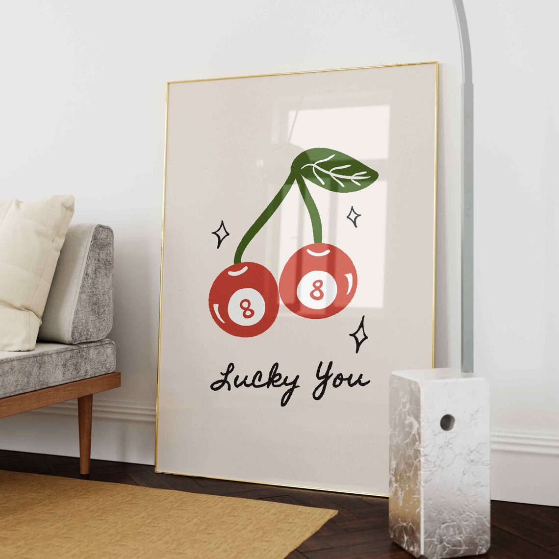 Lucky You 8 Ball Cherries Hand Drawn Trendy Retro Good Luck Wall Art - Image 3