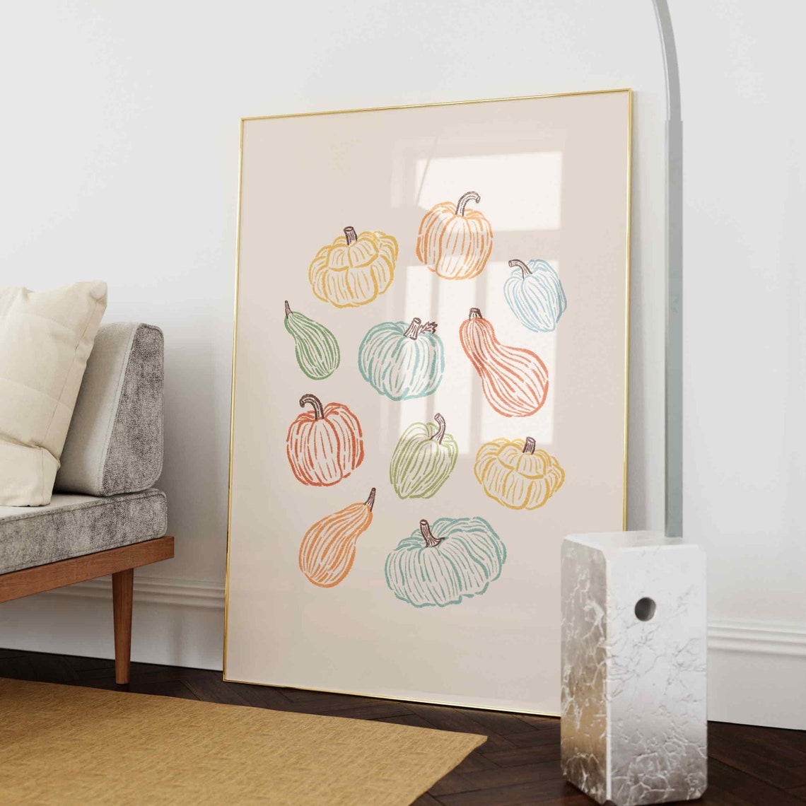 White Pumpkins Line Art on Beige Background Fall Wall Poster - Image 3