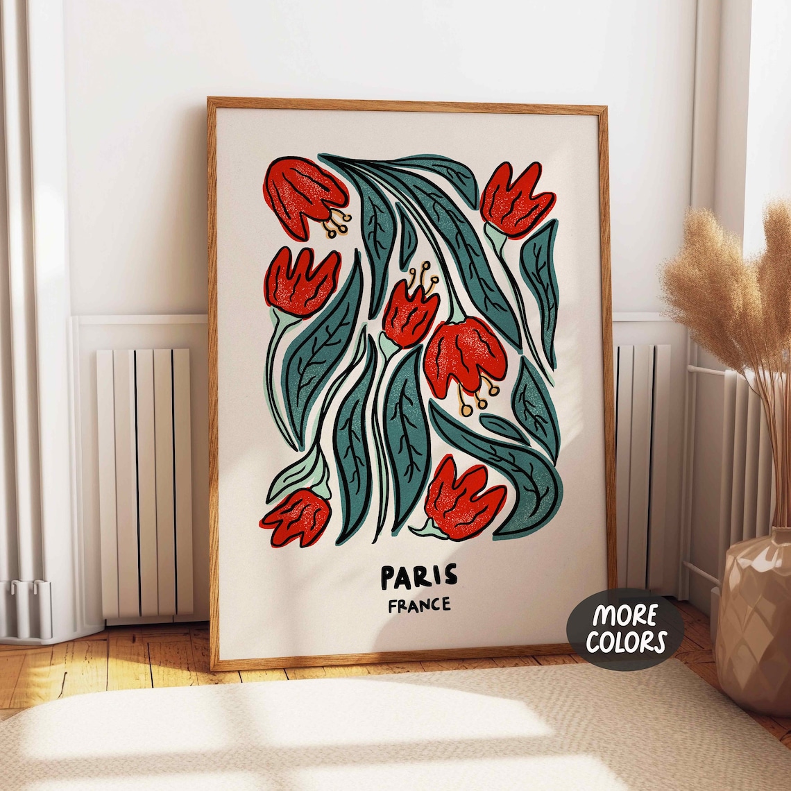 Paris France Red Flower Market Hand Drawn Floral Travel Wall Art
