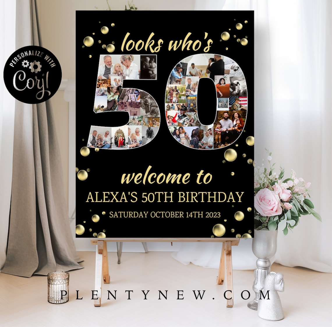 Looks Who's 50 Black Gold Photo Collage Birthday Welcome Poster