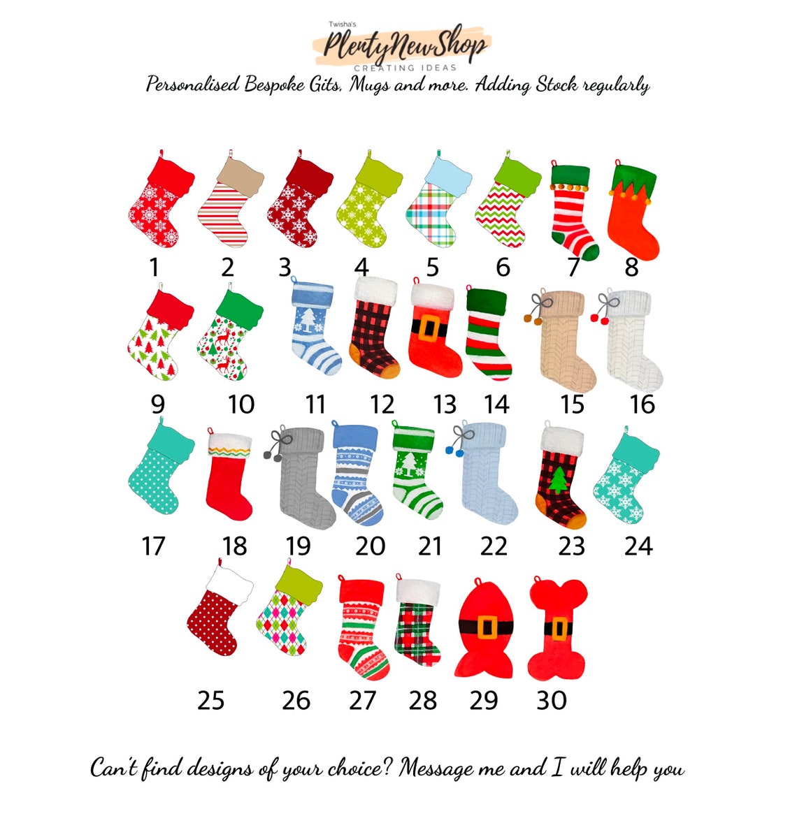 Family Christmas Stocking Style Selection Guide Chart Print 1-30