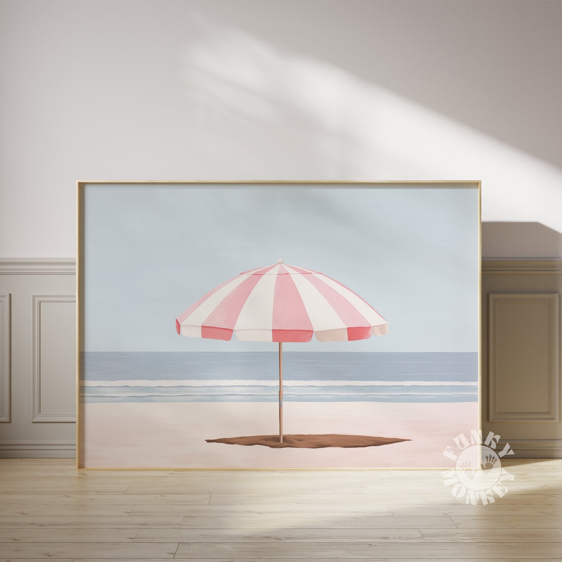 Pink Striped Beach Umbrella Seaside Painting Coastal Art Poster