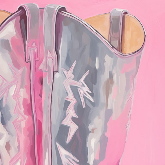 Disco Cowgirl Boots Print Silver Cowboy Boots Western Painting Maximalist Decor Retro Silver Boots Dorm Room Pink Girly Prints