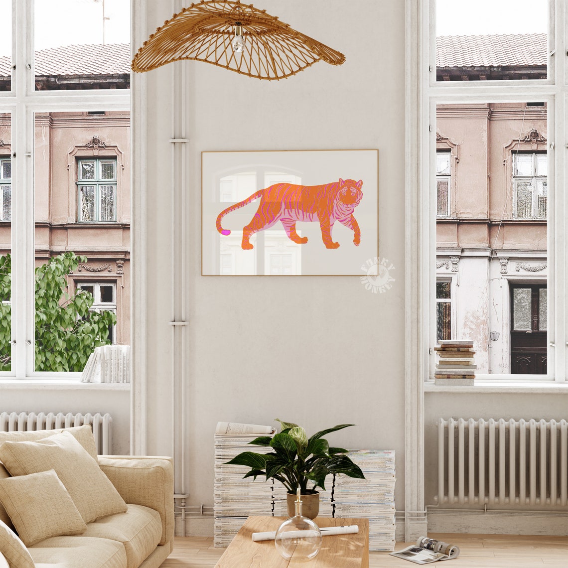 Walking Tiger In Bright Orange Pink Maximalist Animal Art Poster