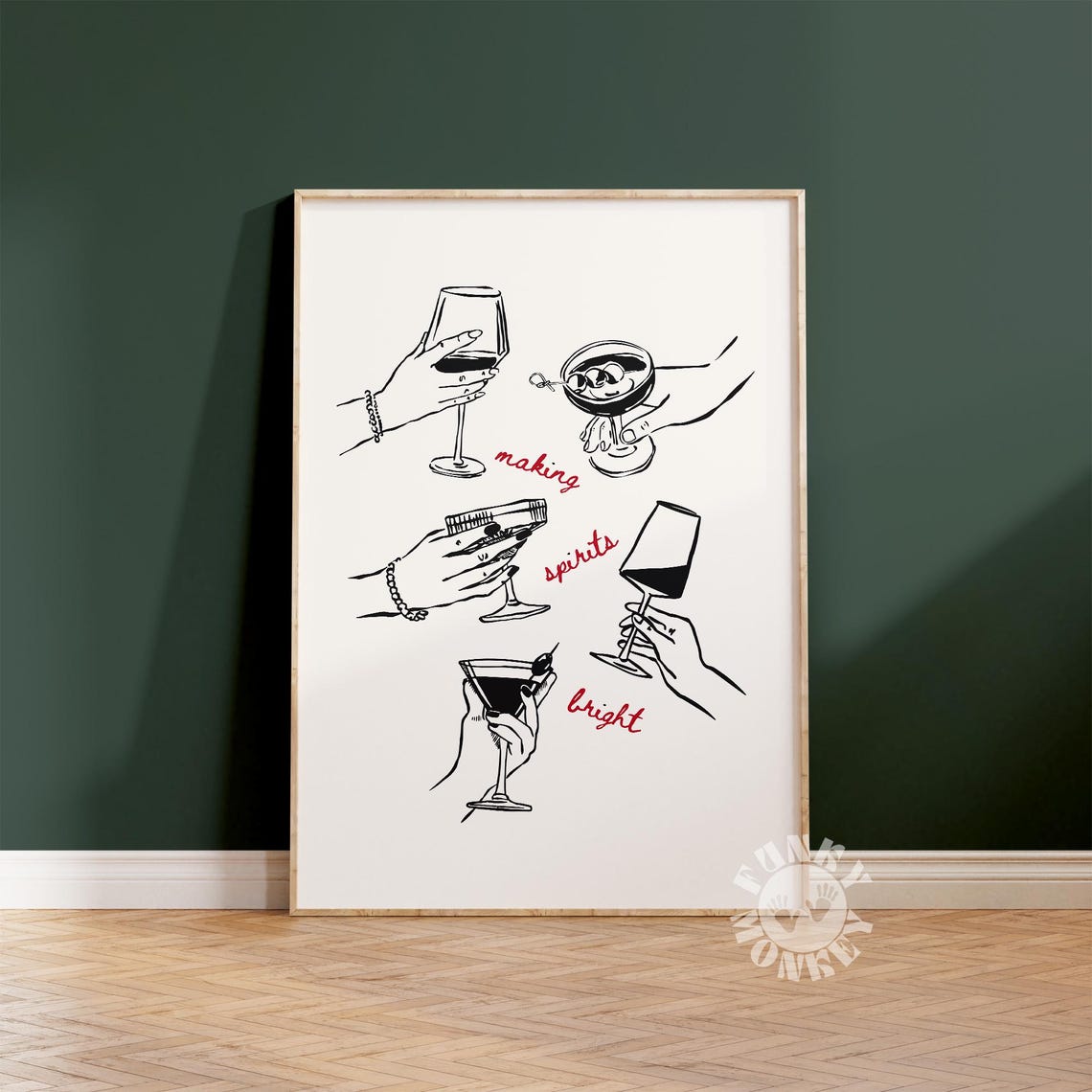 Making Spirits Bright Red Script Cocktail Hands Holiday Bar Poster