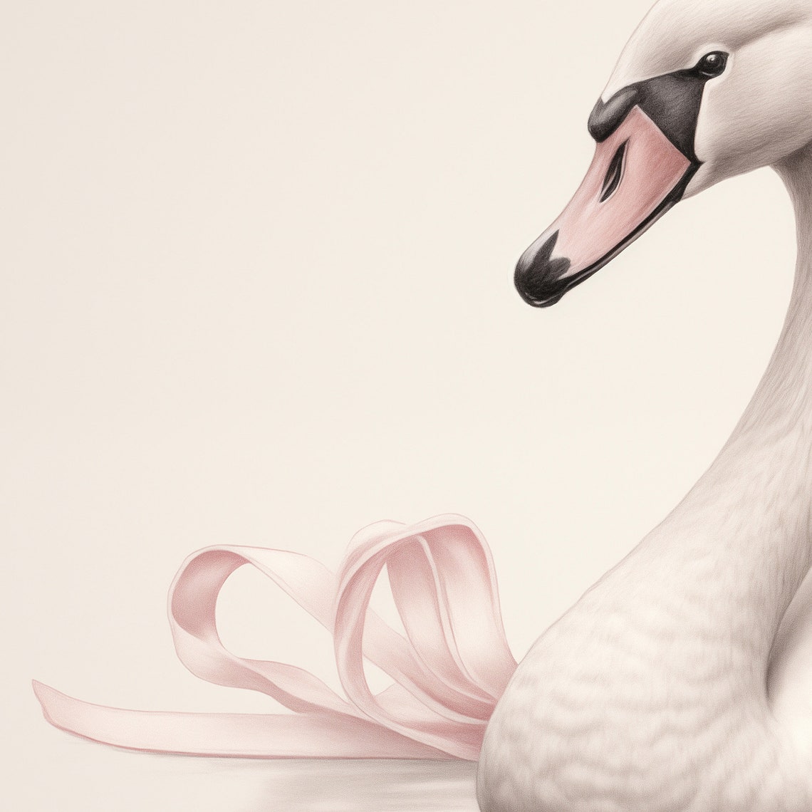 Elegant White Swan with Blush Ribbons on Cream Fine Art Print