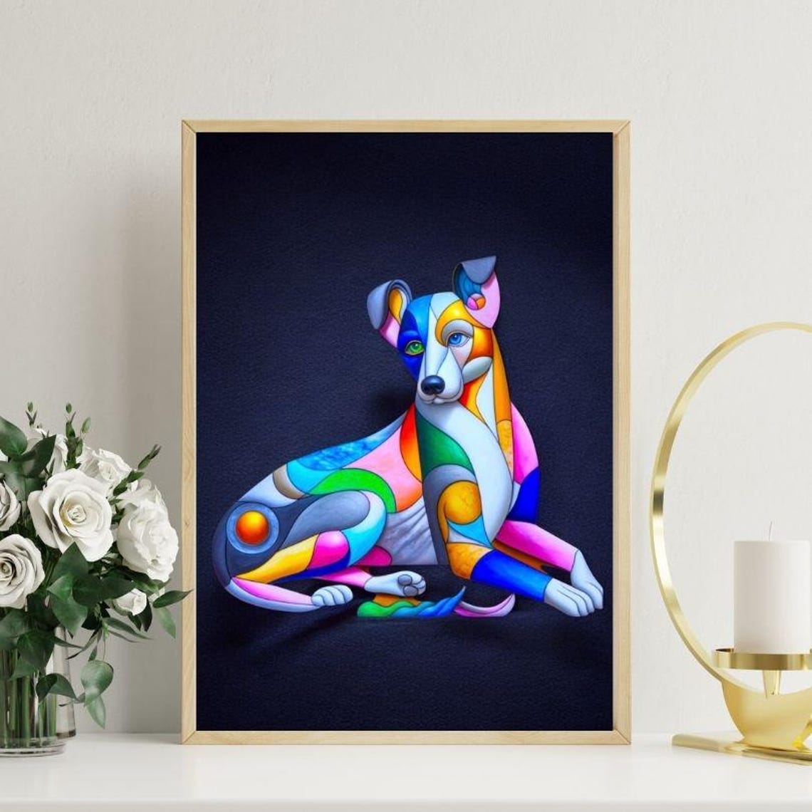 Rainbow Patchwork Sitting Dog in Colorful Mosaic Art Style Poster - Image 3