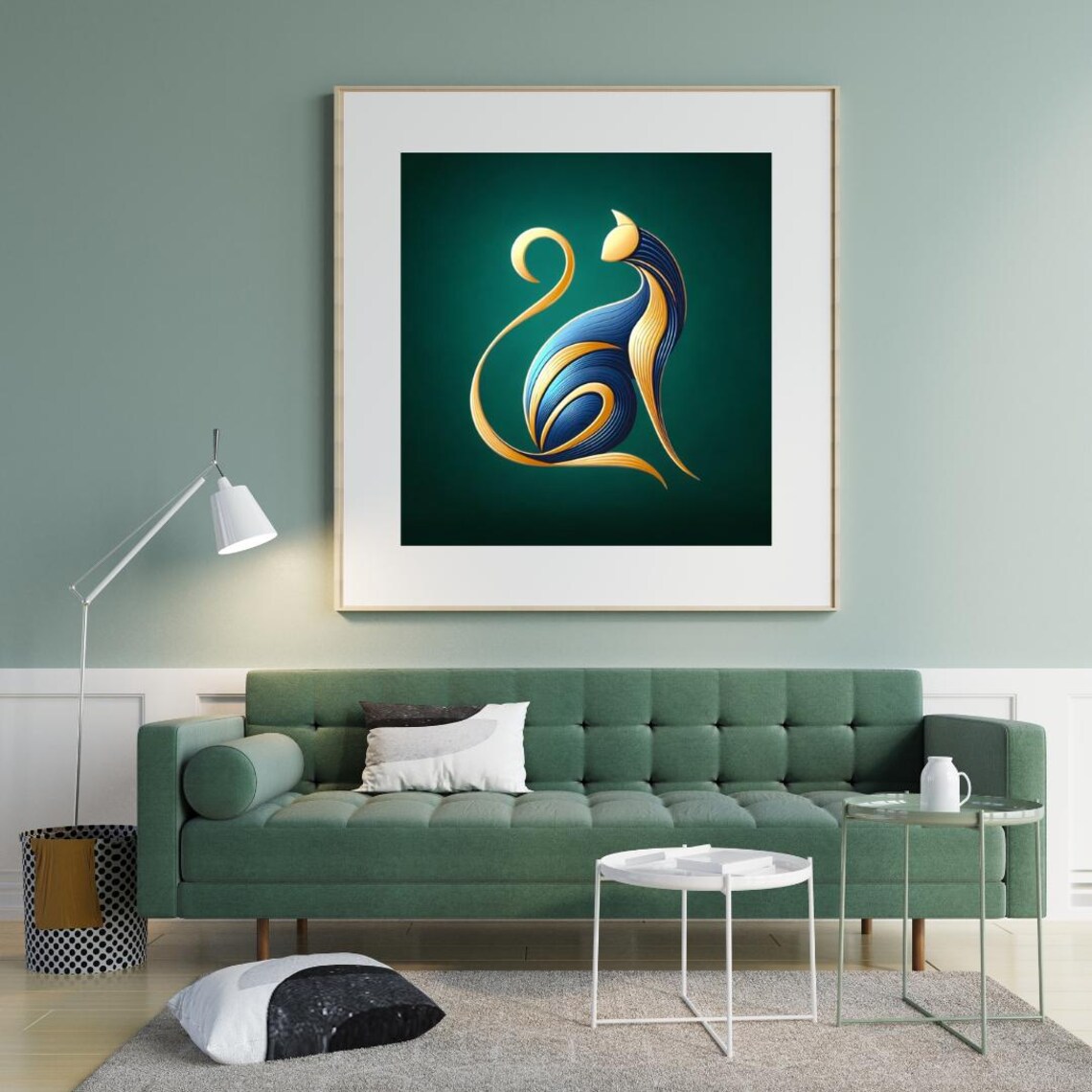 Blue Gold Flowing Line Sitting Cat Minimalist Modern Art Poster - Image 3