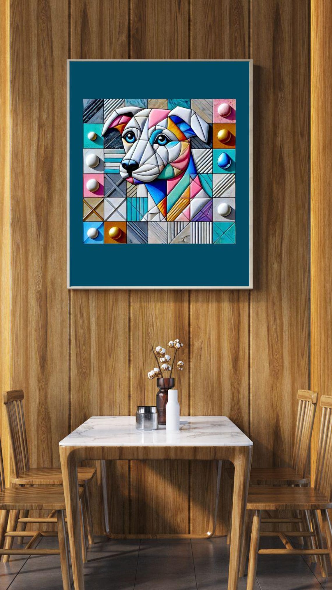 Colorful Mosaic Dog Face Portrait on Geometric Tile Pattern Poster - Image 2